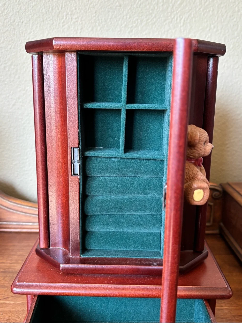 Spinning wood jewelry box drawers mirror